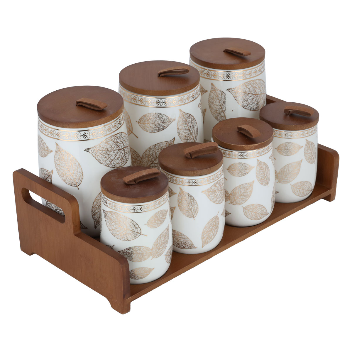 Al Saif Gallery Porcelain Spice Jar Set with Lid and Wooden Stand, 7 Pieces - White product image 2