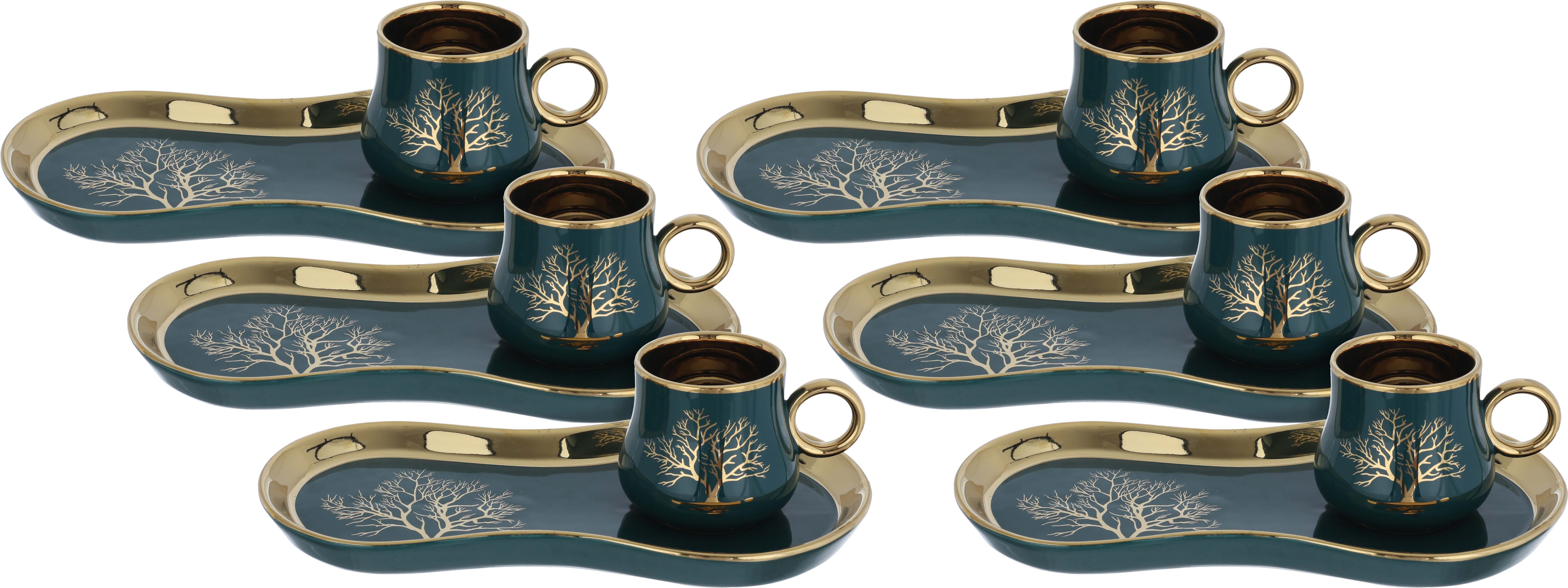 Al Saif Gallery Ceramic Coffee Cup Set with Saucer, 12 Pieces, 100 ml, 22×11, Tree Pattern - Green product image