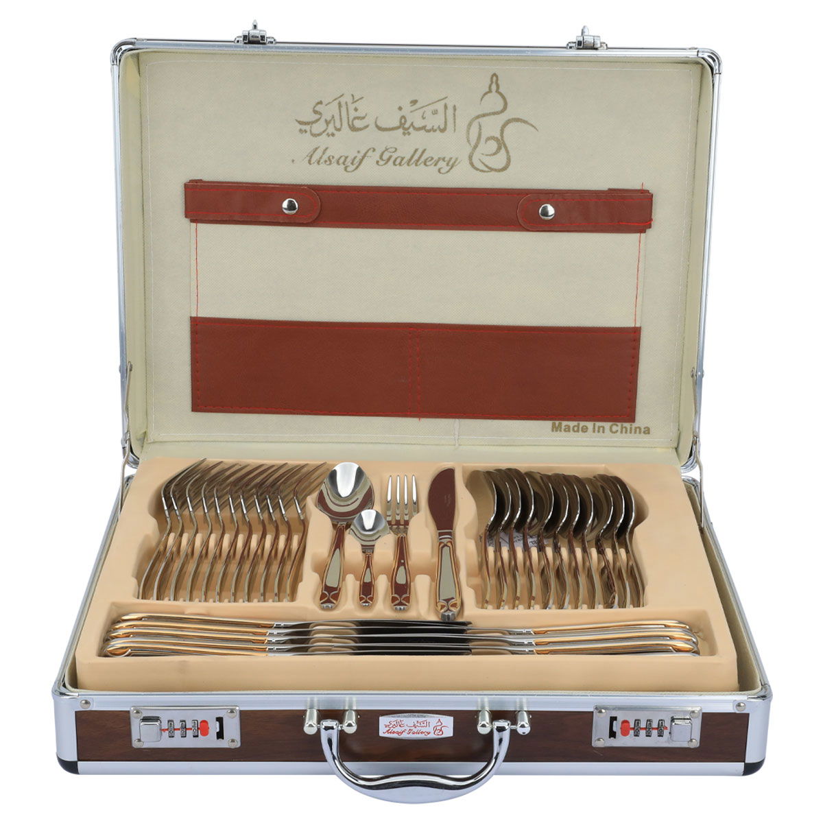 شنطة ملاعق استيل فضي بنقش مذهب 72 قطعة product image 1