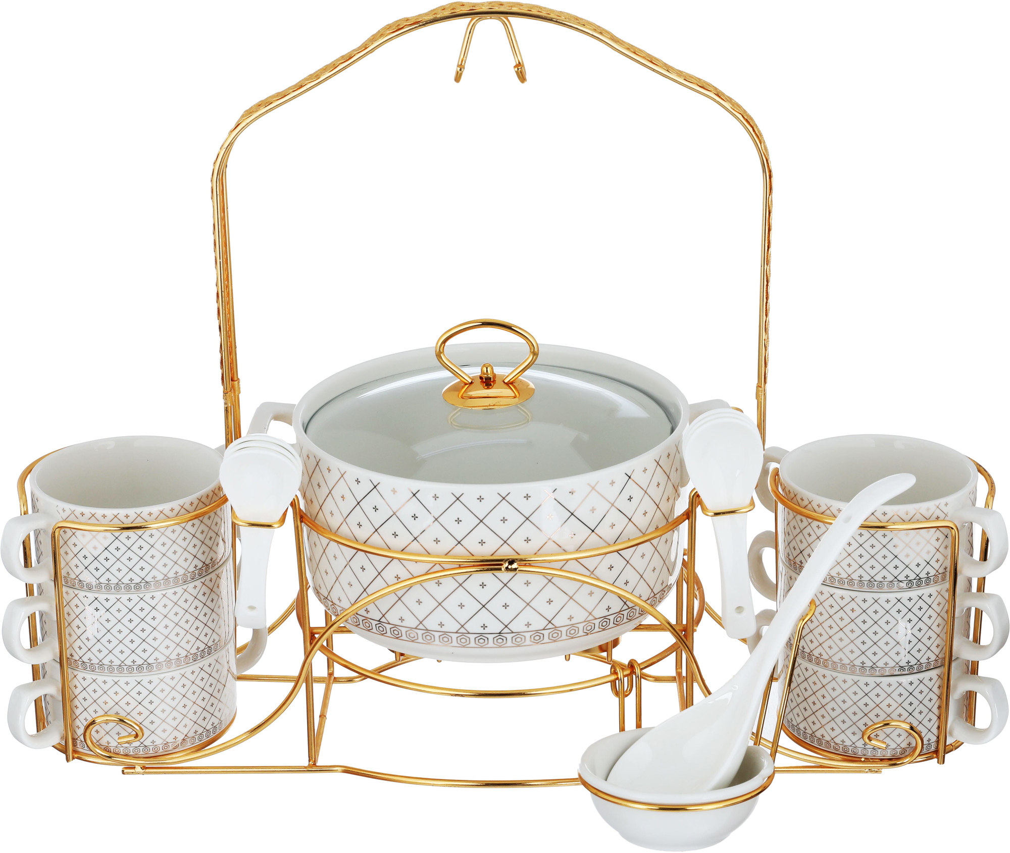 Al Saif Gallery porcelain soup set, with golden stand and square pattern, 18 pieces - white product image