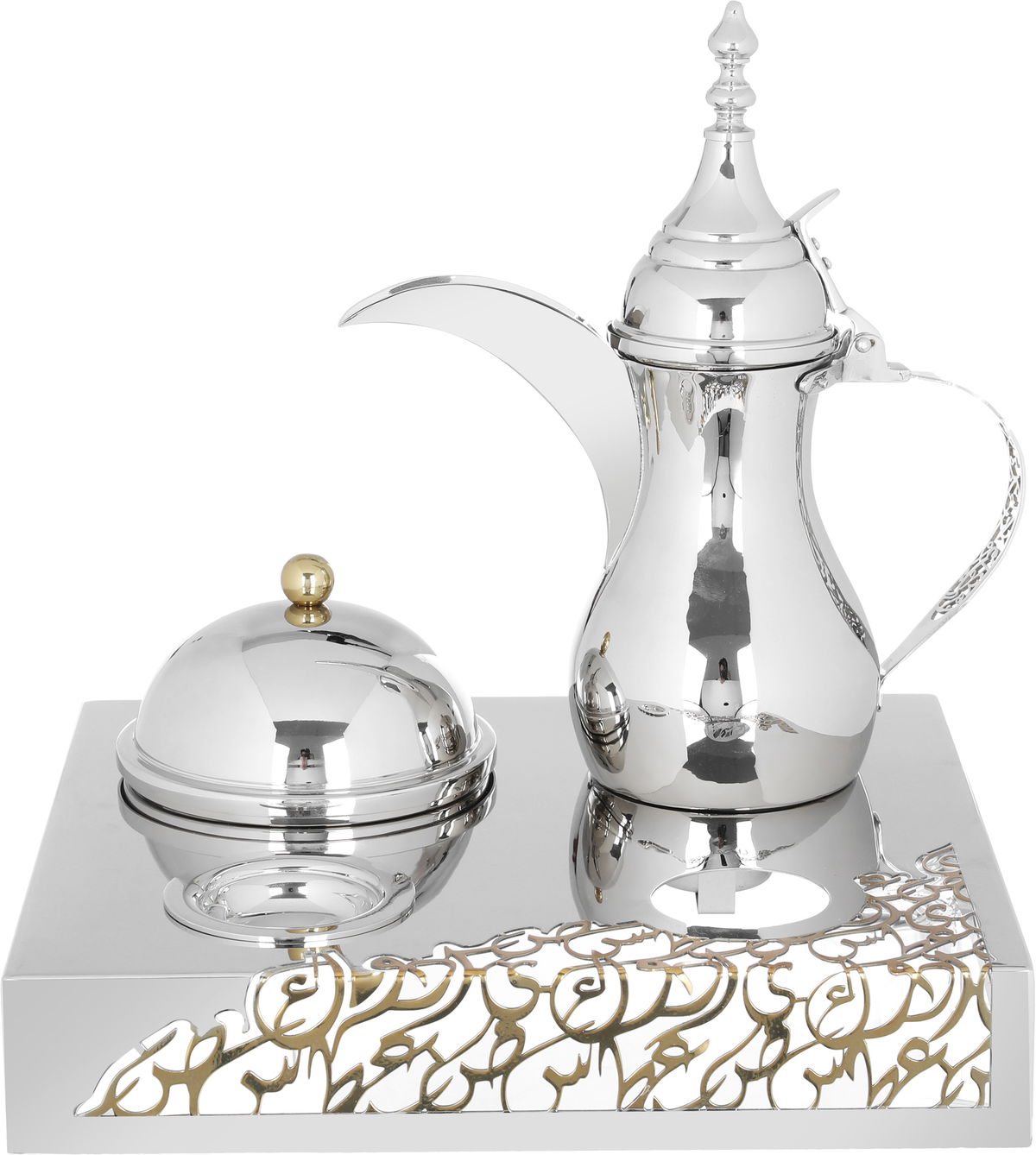 طقم ضيافة أستيل (دلة +تمرية +صحن نوا)السيف غاليري، 4 قطع، قاعدة - فضي product image 1
