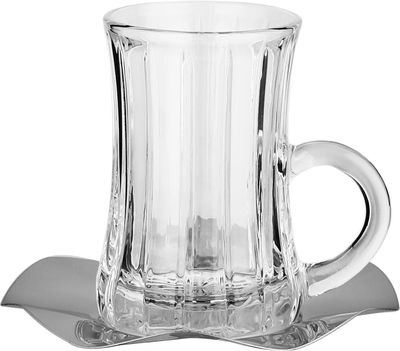 طقم تقديم فناجين وبيالات زجاج، 18 قطعة، صحون استيل، 12 سم - شفاف فضي product image 3