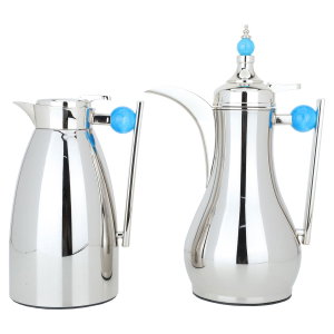 Al Saif Gallery Alaa Steel thermos set, 1 liter, blue handle, 2 pieces - silver product image