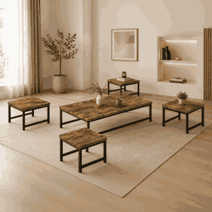 طقم طاولات خشب و معدن، 5 قطع - بني product image