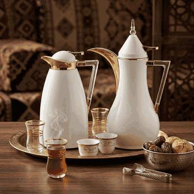 Al Saif Gallery thermos set, two pieces, 1 liter, two pieces, thermal glass inner shell, steel outer shell - beige product image 2