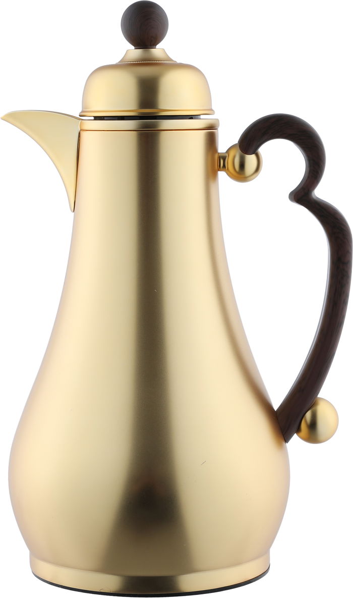 Alsaif Gallery Al-Asalah Thermos Set, 1/1 liter, glass interior, stainless steel exterior, dark wooden handle, press - gold product image 2