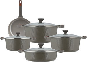 طقم قدور داي كاست الومنيوم روبوست، 9 قطع، غطاء زجاج، يد سيليكون - رمادي غامق product image