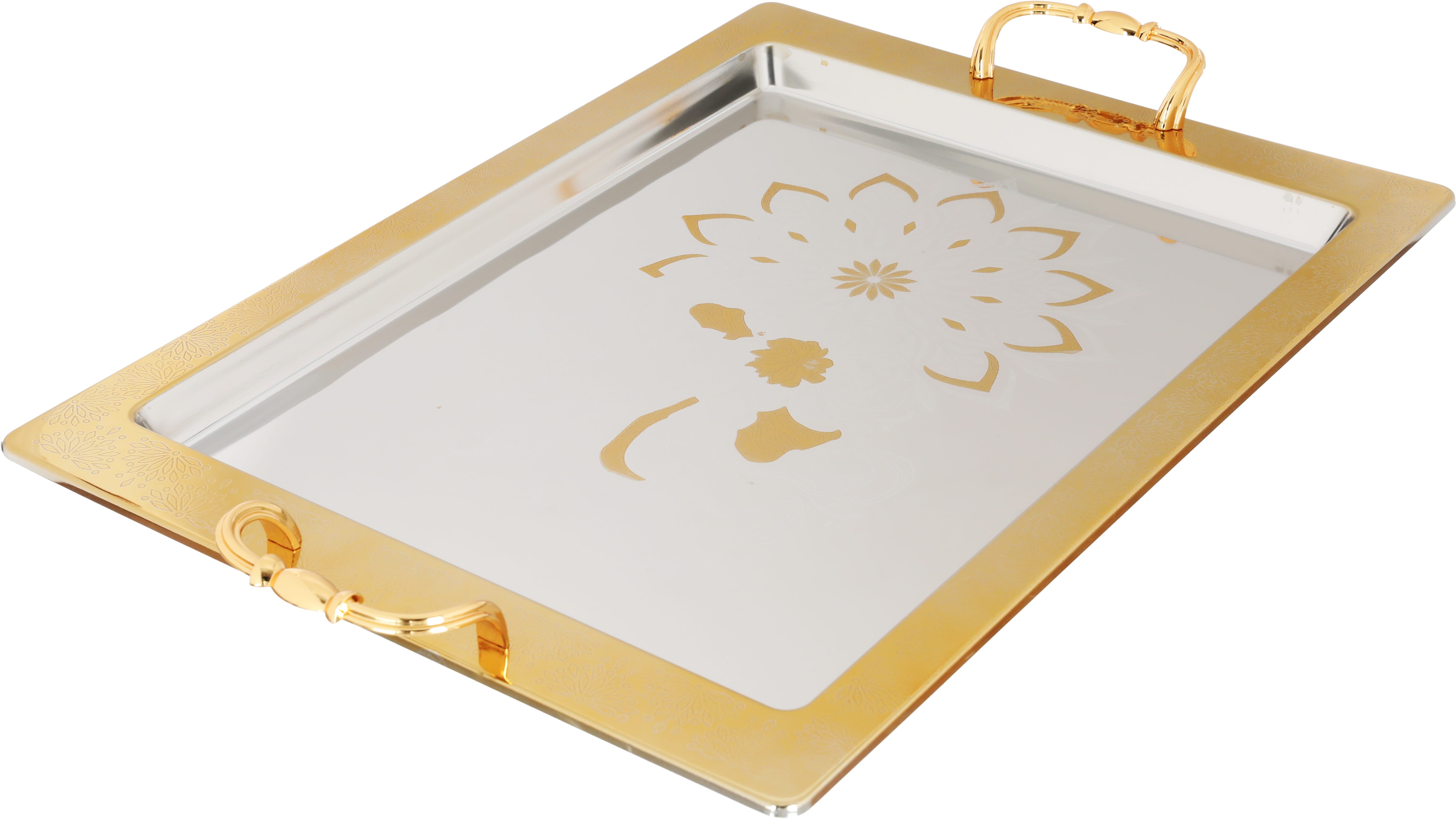 Alsaif Plus Steel Serving Treys Set with gold edges, 3 pieces, rectangular - silver product image 3
