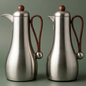 Al Saif Gallery Gheem Thermos Set, 2 Pieces, 1/1 Liter, Glass Inner Container, Wooden Handle - Silver product image