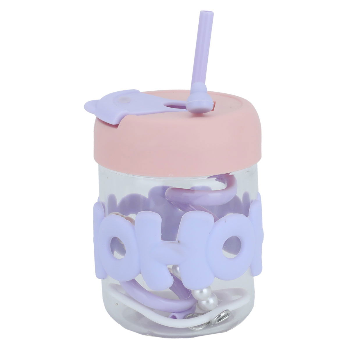 Al Saif Gallery glass cup, 400 ml, with pink lid, with straw - clear product image