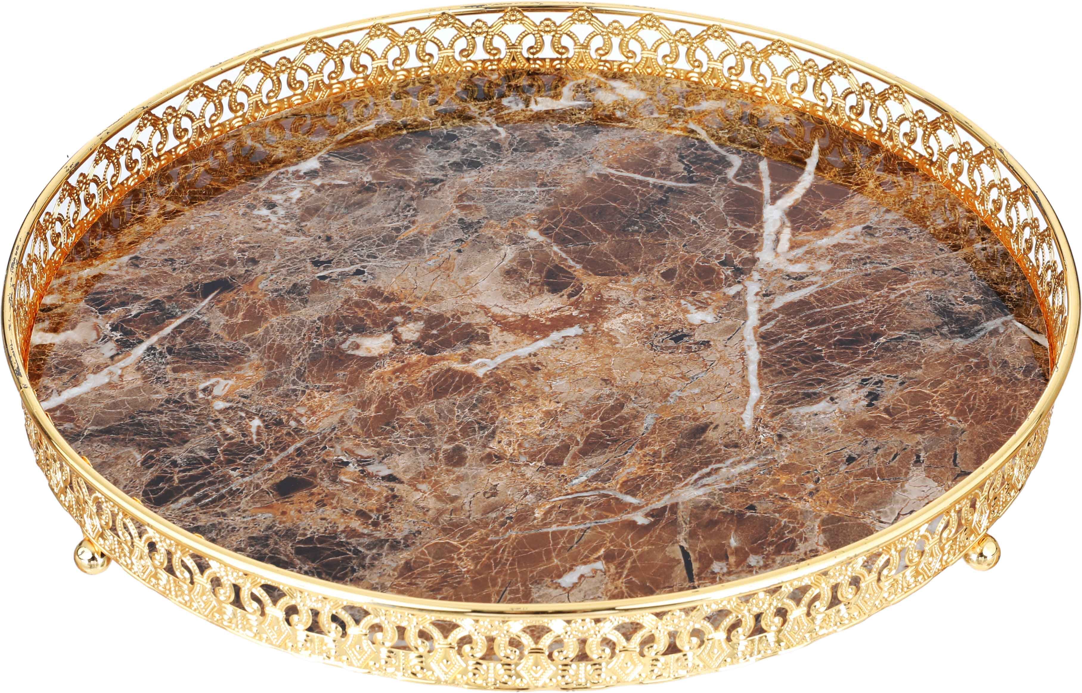 Al Saif Gallery steel serving tray with gold edges, 35 x 35 x 6 cm, round, marble - brown product image