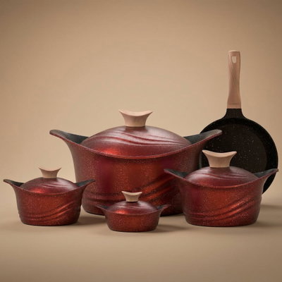 Newkline Titanium Granite Cookware Set, 9 Pieces, Wooden Handle - Cherry product image 1