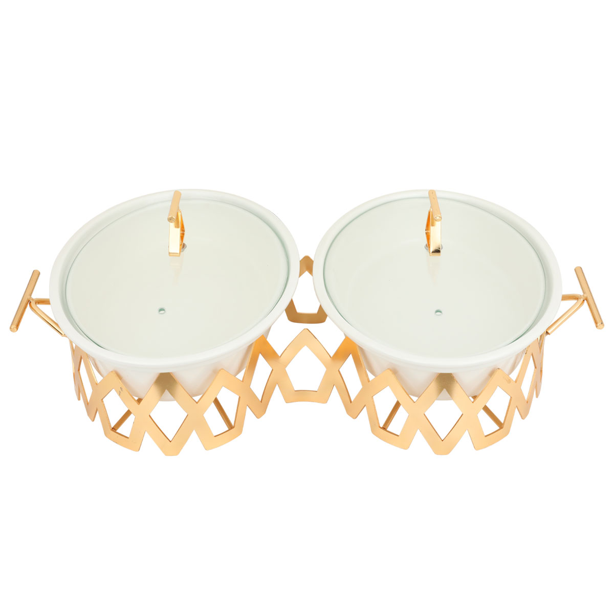 Al Saif Gallery Double Porcelain Heater Set with Glass Lid and Gold Stand, 12 Inch, Round - White product image