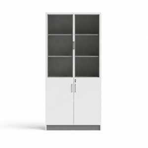 OW-10 MDF wood storage and display cabinet, 200×80×40 cm, 2 doors, 2 glass top doors, 2 wooden bottom doors with key lock, metal handles - white-grey product image 2