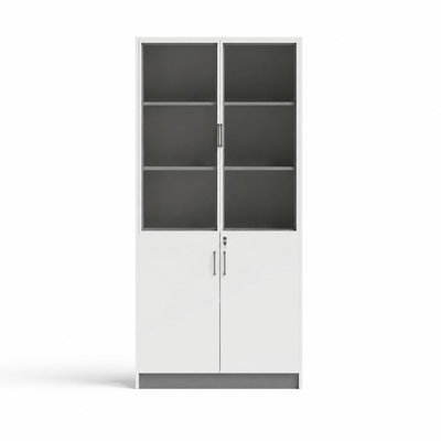OW-10 MDF wood storage and display cabinet, 200×80×40 cm, 2 doors, 2 glass top doors, 2 wooden bottom doors with key lock, metal handles - white-grey product image 2