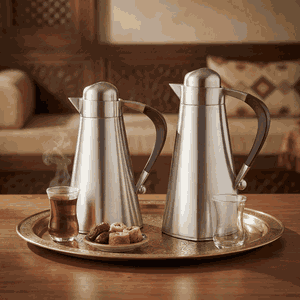 Al Saif Gallery Al Yamamah Thermos Set, 2 Pieces, 0.7/1 Liter, Glass Inner Material, Wooden Handle, Press Lid - Silver product image 2