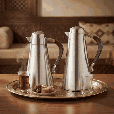 Al Saif Gallery Al Yamamah Thermos Set, 2 Pieces, 0.7/1 Liter, Glass Inner Material, Wooden Handle, Press Lid - Silver product image 2