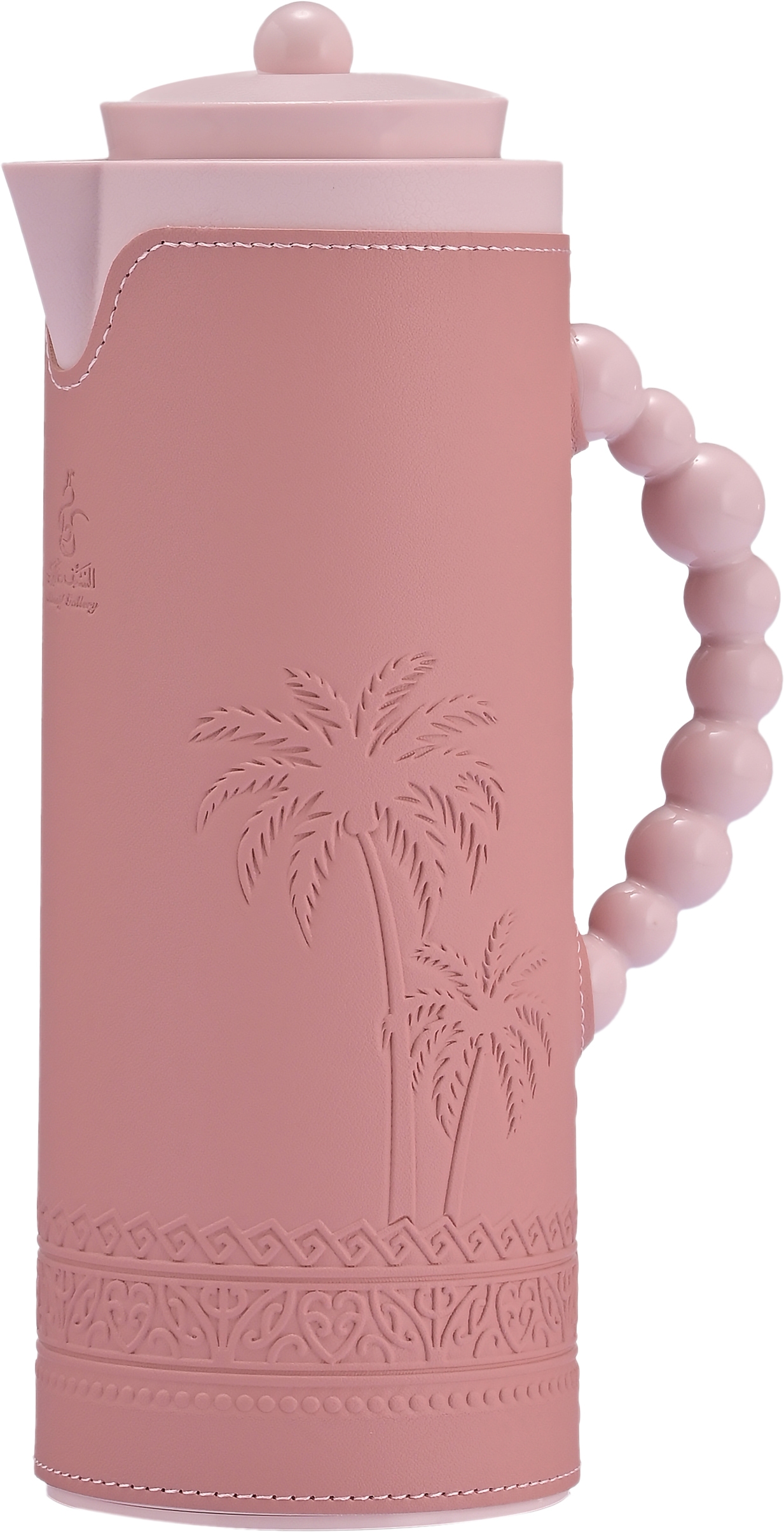 Al Saif Gallery Royal 7T thermos, 1 liter, leather covered, palm tree engraving, glass inner case, plastic outer body - pink product image