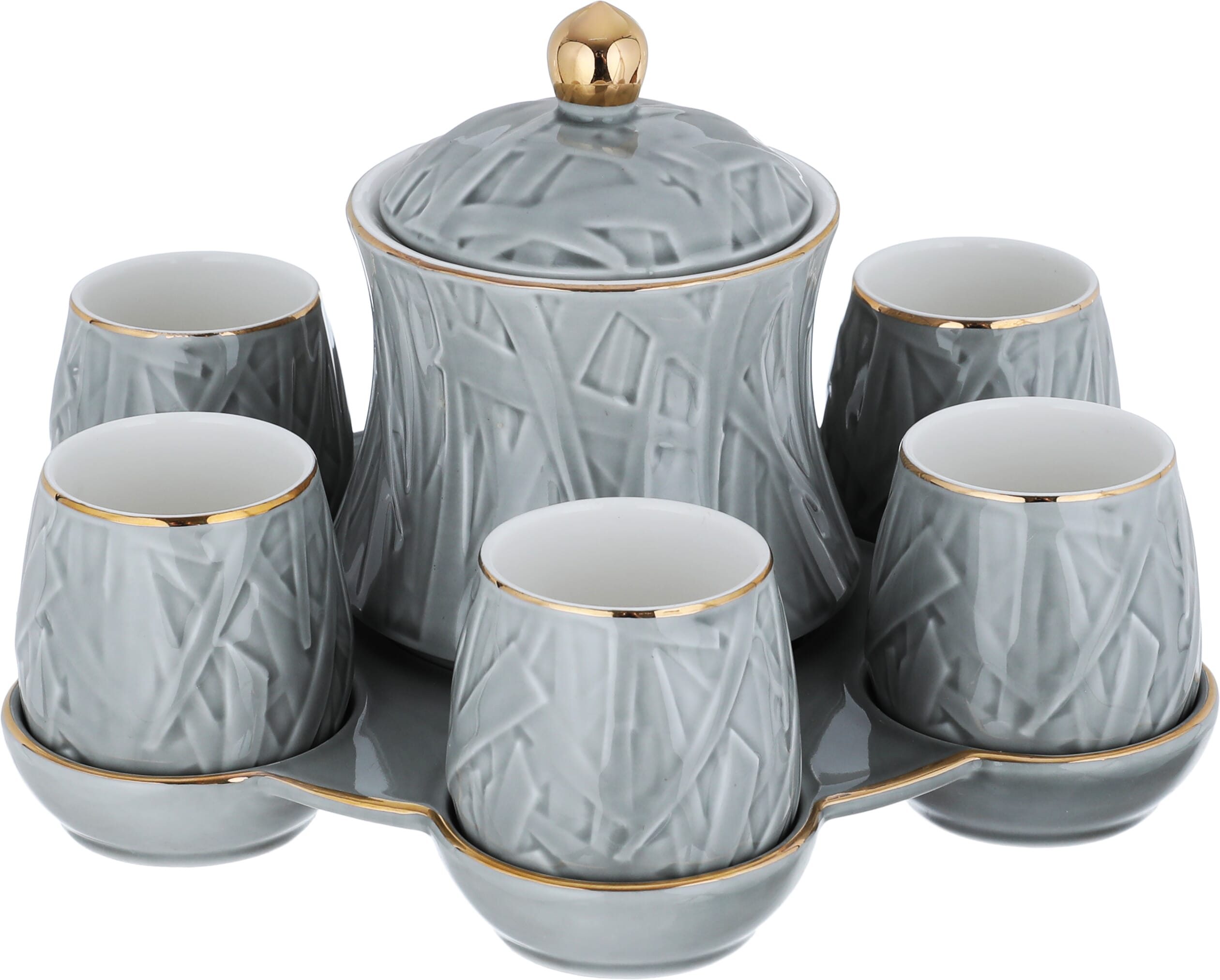 Al Saif Gallery porcelain tea serving set with sugar, engraved with golden script, 8 pieces - grey product image