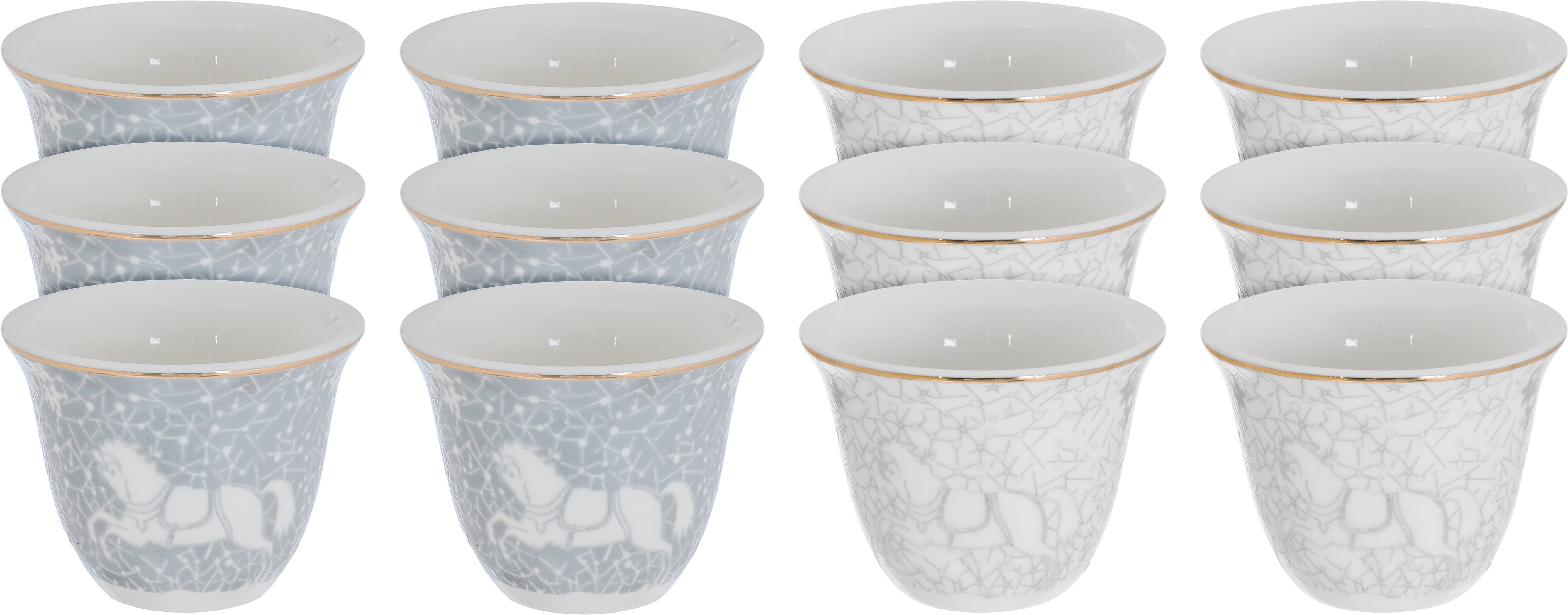 Al Saif Gallery Arabic Coffee Cups Set, 12 Pieces, 90 ml, Horse Pattern - White/Grey product image