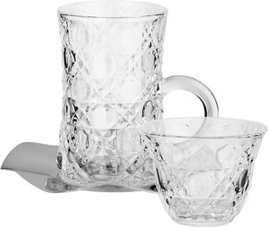 Glass cup and saucer serving set, 36 pieces, stainless steel saucers, 12 cm - clear silver product image