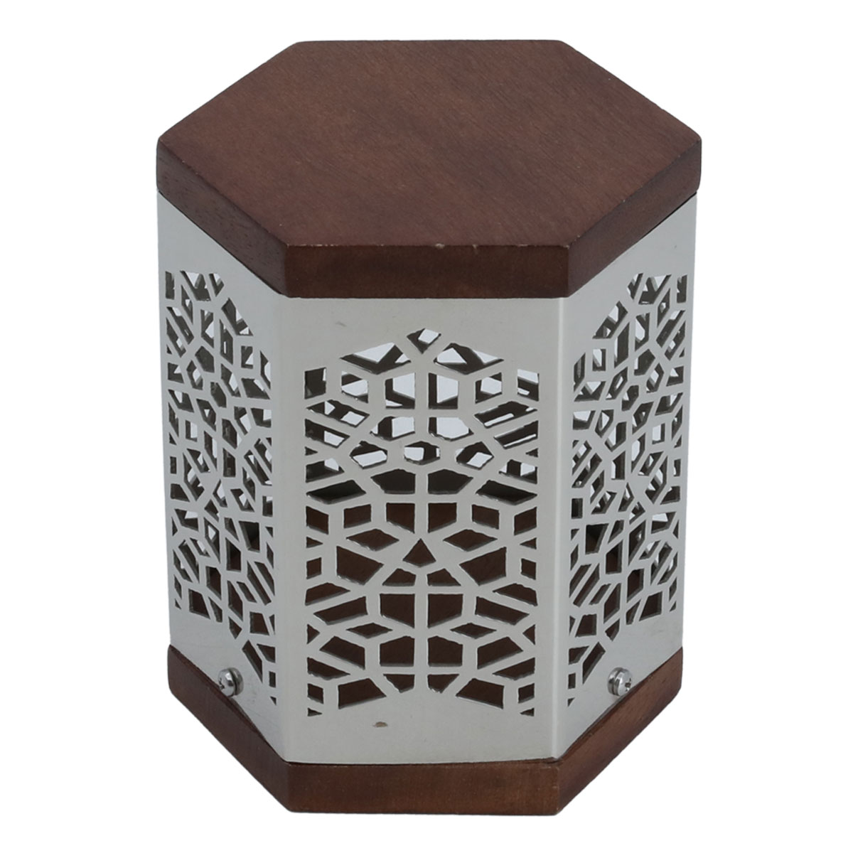 شمعدان استيل بغطاء خشبي السيف غاليري، 9×9×12 سم، منقوش - فضي product image 2