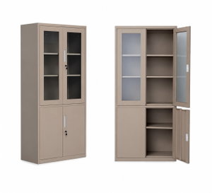 OW-005 Iron office cabinet, 185×85×40 cm, 2 upper glass doors, 2 lower metal doors - Dark Beige product image 2