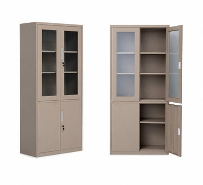 OW-005 Iron office cabinet, 185×85×40 cm, 2 upper glass doors, 2 lower metal doors - Dark Beige product image 2