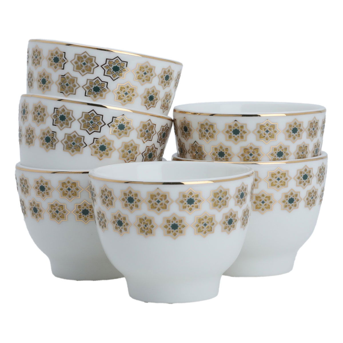 Al Saif Gallery porcelain Arabic coffee cups set, gold and green pattern, 6 pieces - white product image