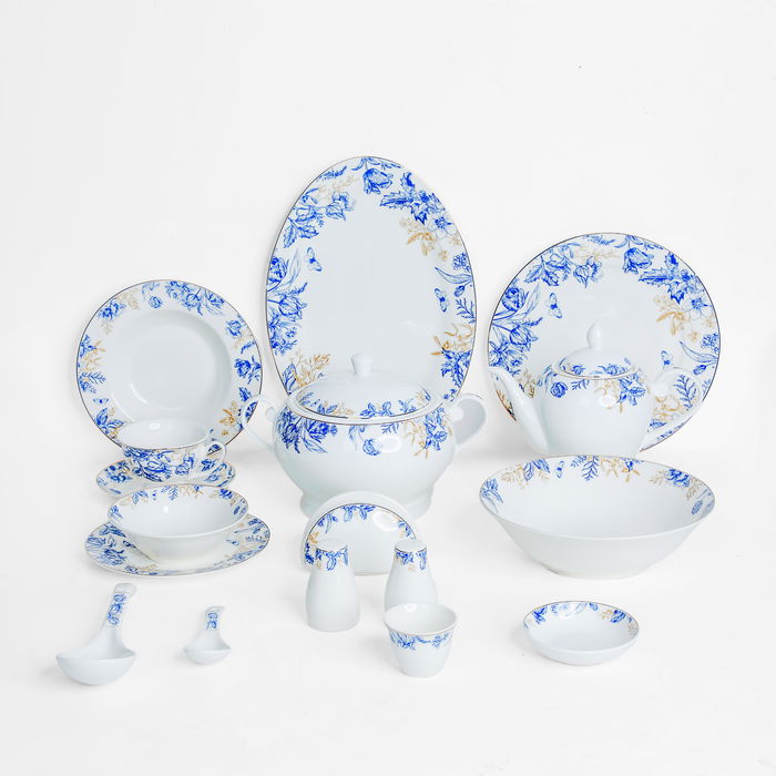 طقم سفرة بورسلان نقش أزرق السيف غاليري، 65 قطعة، دائري - أبيض product image 1