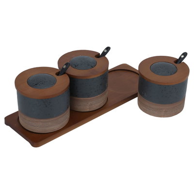 طقم علب بهارات رخام السيف غاليري، 3 قطع، غطاء، ستاند خشبي - بني product image 4