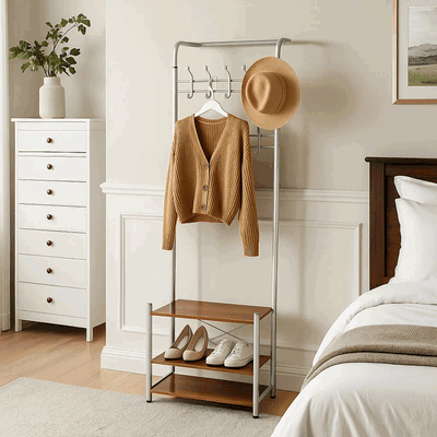 علاقة ملابس مودرن معدن، 190×64×30 سم، 3 رفوف خشب ام دي اف - ابيض خشب ام دي افي product image 1