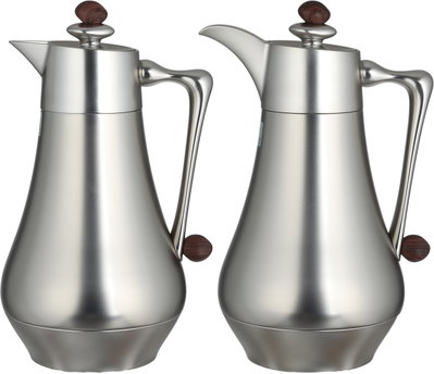 Al Saif Gallery Al Dana 2 Thermos Set, , 1/1 Liter, 2 Pieces, Glass Inner Container, Stainless Steel Outer Body, Push Button - Matte Wood Finish Silver product image 2