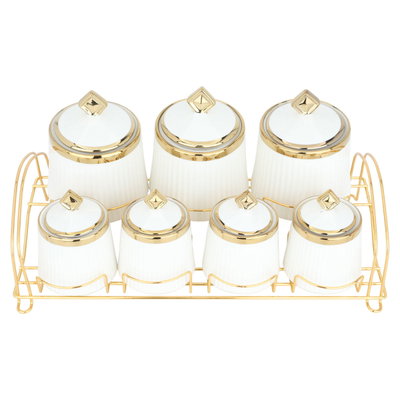 طقم علب بهارات بورسلان السيف غاليري، 7 قطع، ستاند ذهبي - أبيض product image 2