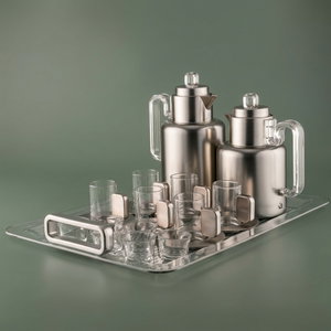 Al Saif Gallery Ronaq Thermos Set, 21 Pieces, 1/0.5 Liter, Teas with Saucers, Coffee Cups, Tray, Transparent Handle - Silver product image