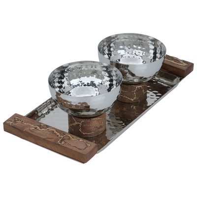طقم زبادي استيل السيف غاليري، بقاعدة خشبي، مع طوفرية، 3 قطعة - فضي product image 1
