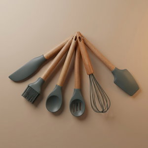 Al Saif Gallery Silicone Wood Kitchen Utensil Set, 6 Pieces, Wooden Handle - Light Wood, Dark Green product image