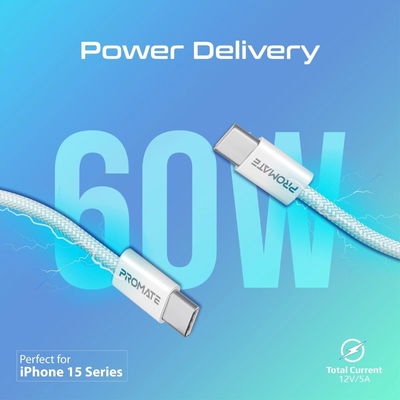 Promate Plastic USB-C Charging Cable, Powerful Sync, Type C Charging Cable, 60W Power, 480Mbps Data Transfer - White product image 2