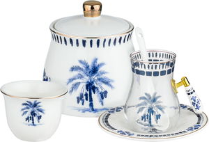 طقم تقديم بيالات شاي زجاج وفناجين قهوة مع صحون بورسلان السيف غاليري، 25 قطعة، سكرية، مشجر - ابيض شفاف product image