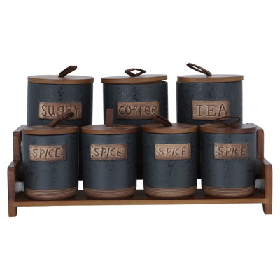 طقم علب بهارات زجاج السيف غاليري، بغطاء، بستاند خشبي، 7 حبات - رمادي غامق product image 2