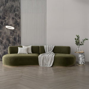 Modern Swedish wood sofa, 250x85x40 cm, velvet fabric - olive product image