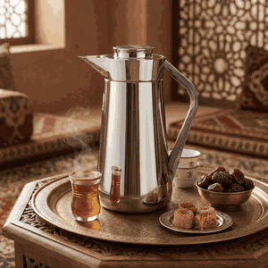 Al-Saif Gallery Al-Huda Stainless Steel Thermos, 1 Liter, Marble Gray Handle, Push Button - Shiny Silver product image 2