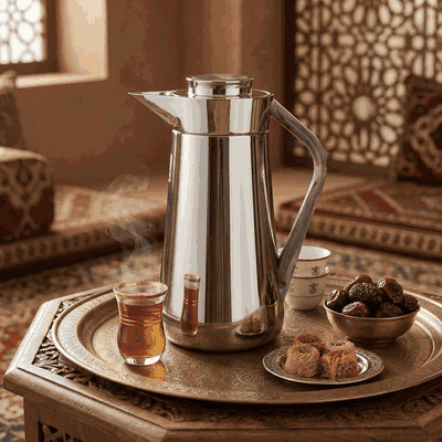 Al-Saif Gallery Al-Huda Stainless Steel Thermos, 1 Liter, Marble Gray Handle, Push Button - Shiny Silver product image 2