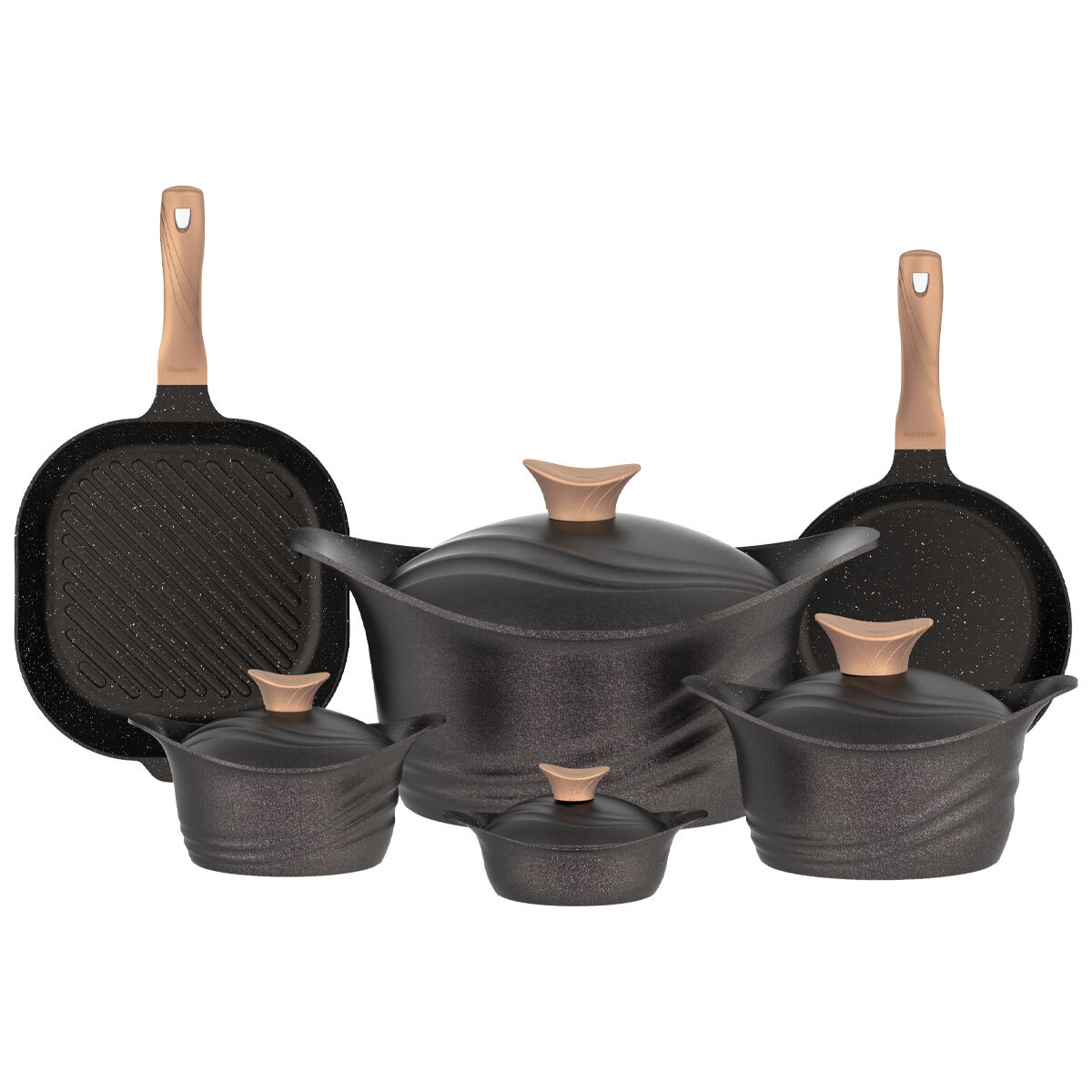 طقم قدور جرانيت تيتانيوم نيوكلاين، 16 قطع، مقبض خشب - اسود product image