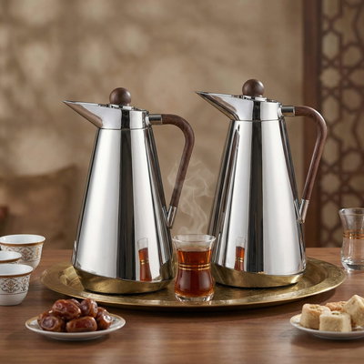 طقم ترامس طريف السيف غاليري، 1/0.7 لتر، حافظة داخلية زجاج، يد خشبي غامق، غطاء ضغاط - فضي product image 2