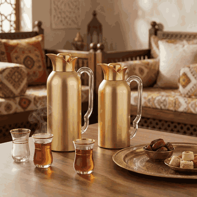 Al Saif Gallery TuwaiqThermos Set, 2 Pieces, 0.7/1 Liter, Glass Inner Material, Transparent Handle, Press Lid - Gold product image 7