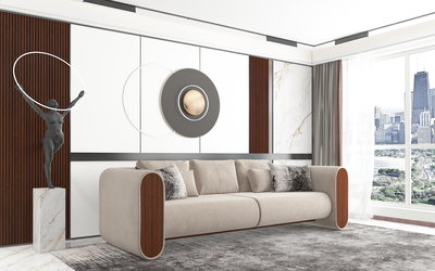 Modern Swedish wood sofa, 300x90x43 cm, Chanel fabric - light beige product image 3