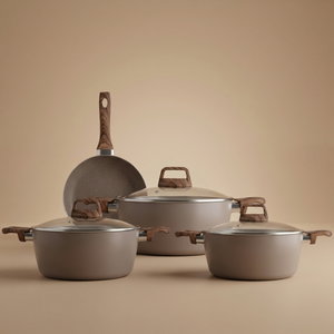 طقم قدور جرانيت روكي، 7 قطع، مسكة يد خشبي، غطاء زجاج - بني product image