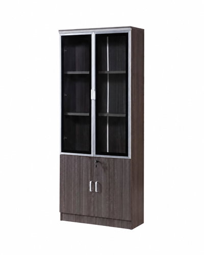 OW-110 MDF wood storage and display cabinet, 190×80×32 cm, 4 doors, 2 glass tops, 2 wooden bottoms, metal handles - Dark Grey product image 2