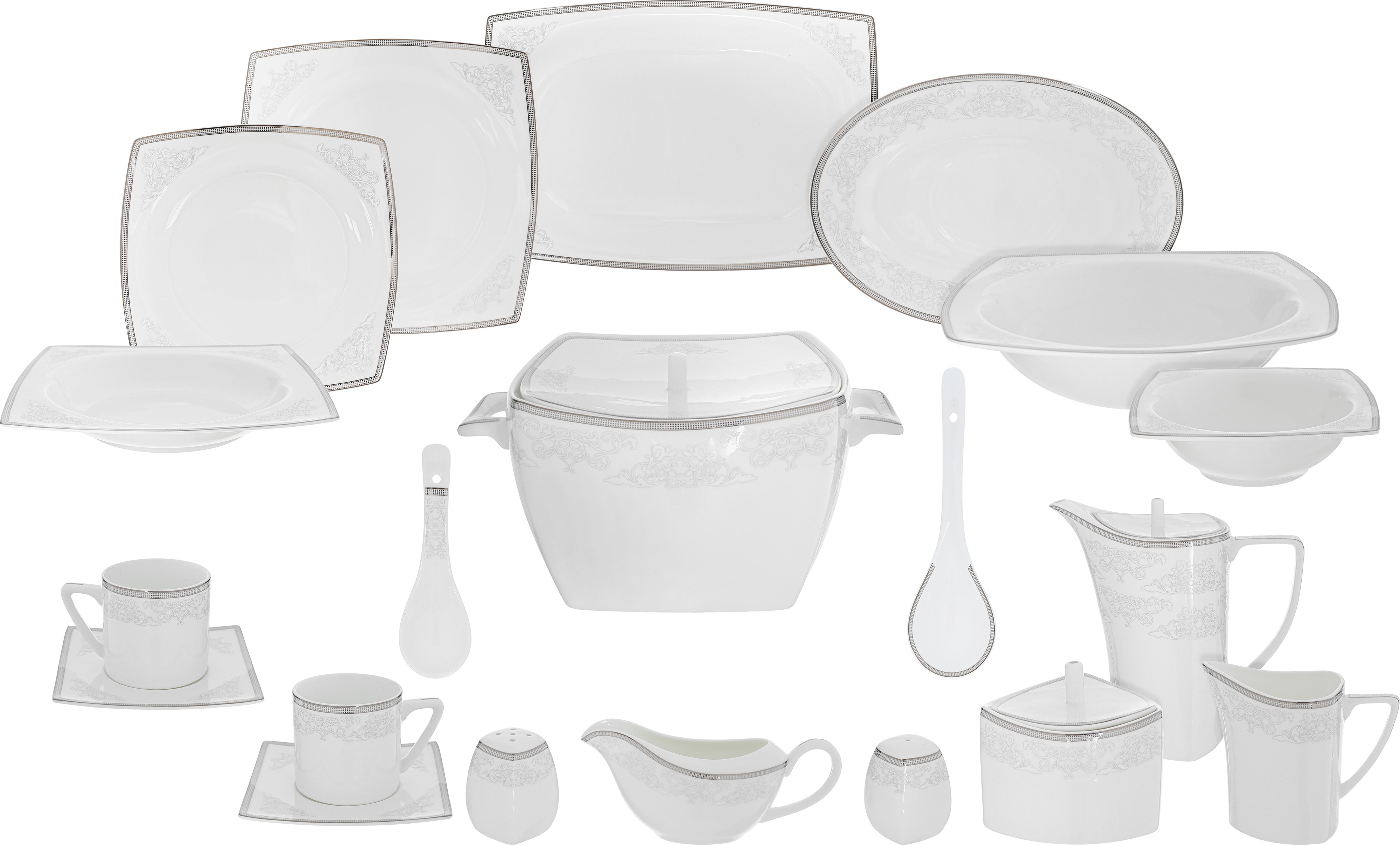 طقم سفرة بورسلان دانيا، 77 قطعة - ابيض فضي product image